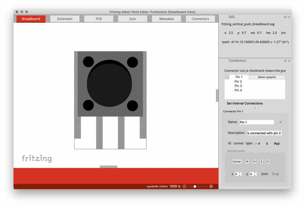 Vista breadboard en el editor de partes de Fritzing.