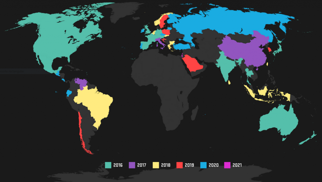 Mapa wskazująca rok wydania pierwszego świadectwa w podziale na kraje.