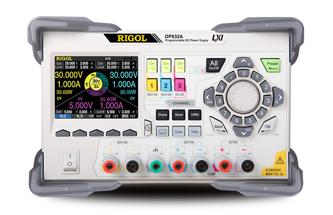 Front view of a RIGOL DP832A benchtop DC power supply showing output for each if its three independent channels.